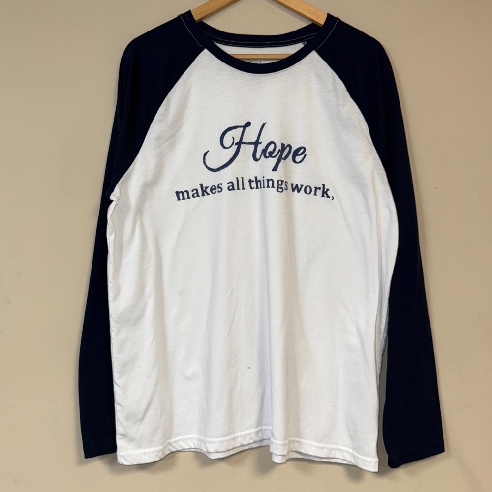 Hope TShirt Women's XL White Navy Raglan Religious Print Long Sleeve Casual Tee